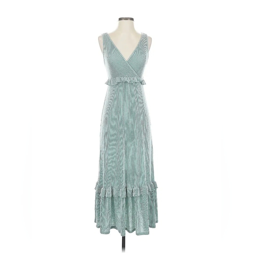 Caution to the Wind Women's Small Green White Striped Tiered Ruffle V-neck Dress